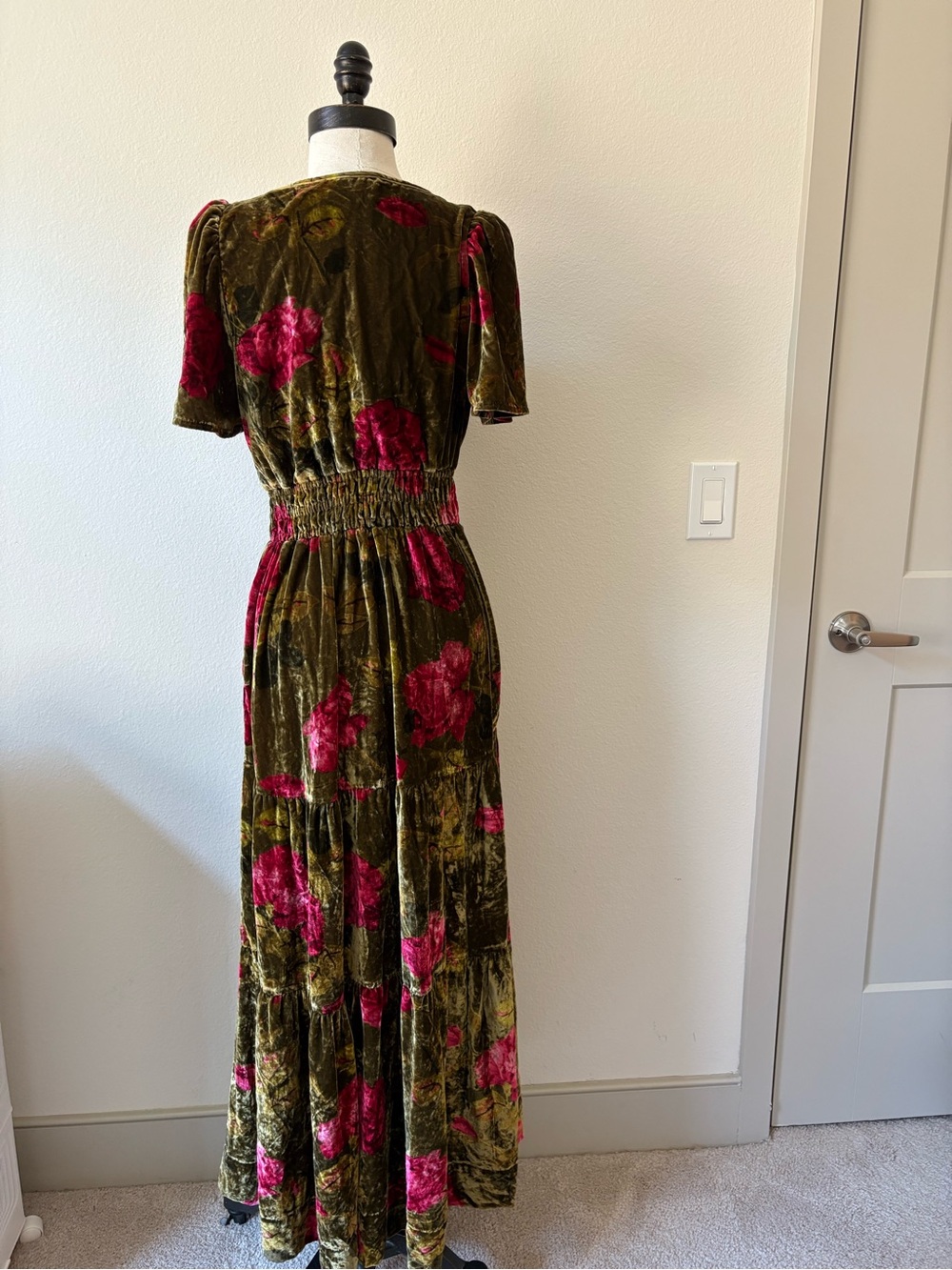 Anthropologie | Olive Green Velvet Maxi Dress with Pink Floral Print - Picture 2 of 5